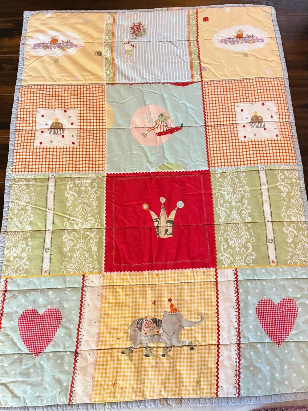 Whimsical Patchwork Baby Quilt Blanket Elephant Fairy Hearts 39x29